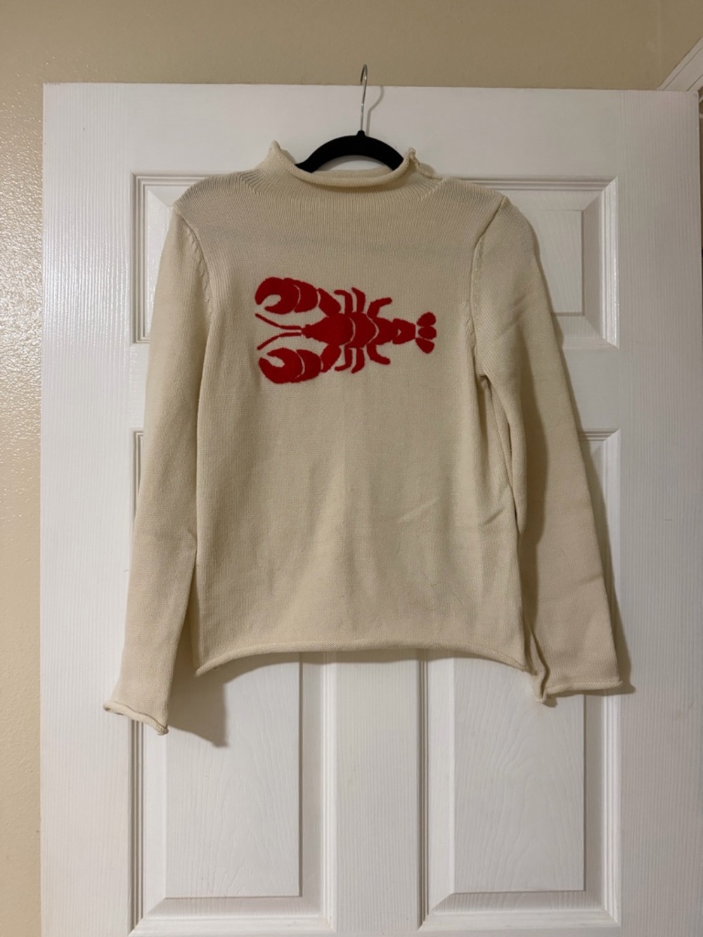Cream Knit Sweater with Red Lobster Motif